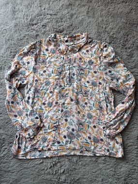 Lucky Brand White Multi Floral Ruffle-Neck Blouse size Large
